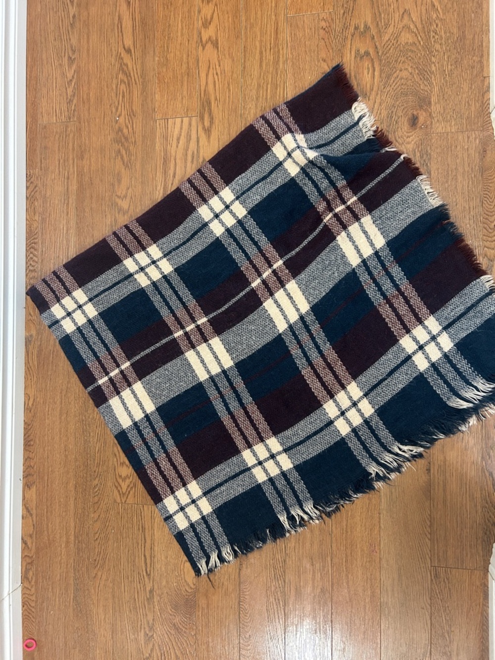 Plaid Fringe Blanket Scarf in Navy, Cream & Burgundy